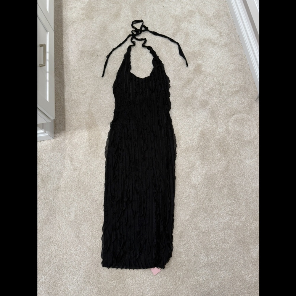 Sheer Ruffle Texture Halter Backless Dress - Picture 3 of 3